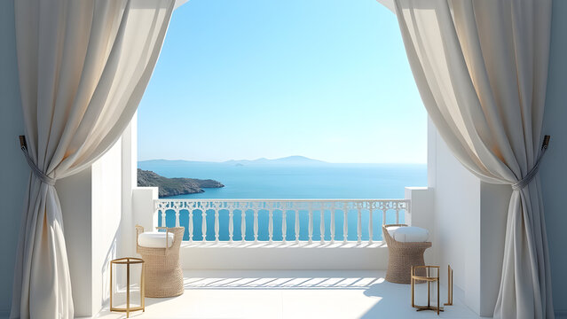 Tranquil sea view from a luxurious balcony with billowing white curtains