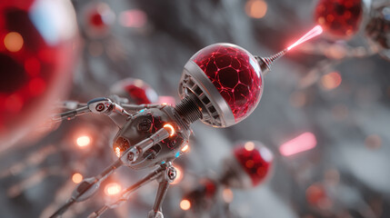 A futuristic robotic device with red spherical components and laser beam