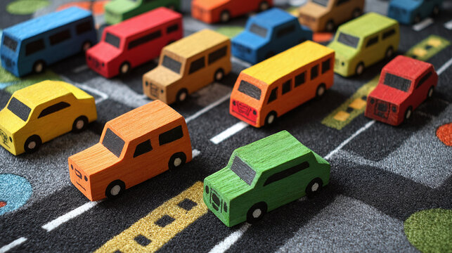 A colorful assortment of toy vehicles arranged on a road-themed playmat. These wooden vehicles are diverse in color and style