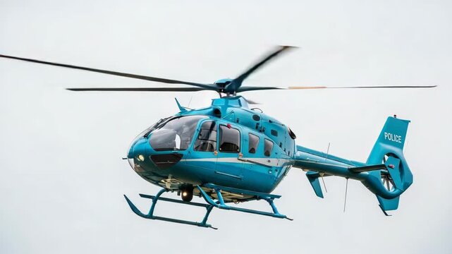 Blue police helicopter in flight against a pale sky