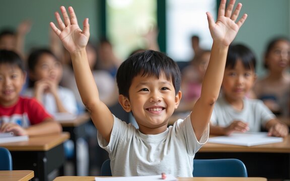 Elementary age Asian student boy raised hands up in class. Diverse group of pre-school pupils in elementary age in education building school. Volunteering and participating classroom concept.