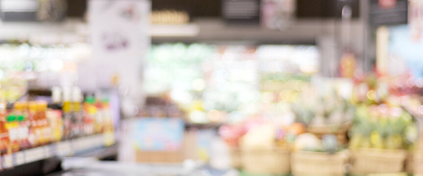 Blurred grocery store supermarket background with bokeh light, Blur fresh food at product shelves in market backdrop, business banner, wallpaper