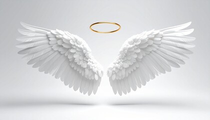Symmetrical white angel wings with a golden halo floating above, evoking purity, divinity, and celestial grace.