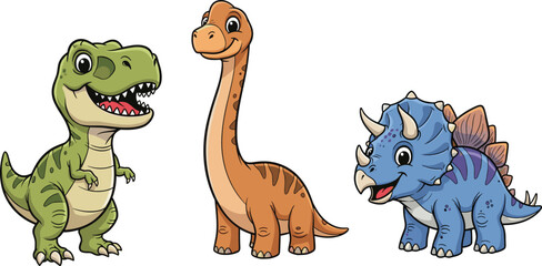 Cute cartoon dinosaurs smiling together, colorful prehistoric animals illustration, adorable baby T-Rex, brontosaurus, and triceratops in vector art style © Arts Creative