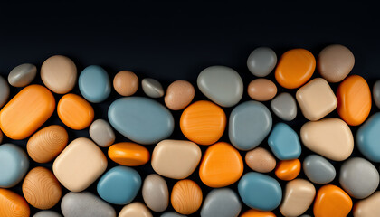 Smooth colorful rounded pebbles and stones arranged in a wavy pattern on a dark background