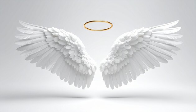 Symmetrical white angel wings with a golden halo floating above, evoking purity, divinity, and celestial grace.