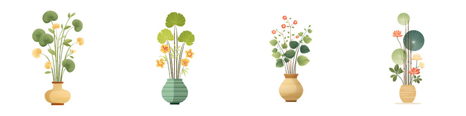 Watercolor Floral Arrangements in Vases Set on White Background