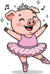Cute cartoon pig ballerina dancing happily in pink tutu, adorable animal dancer illustration, joyful kids art, ballet performance character