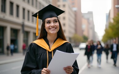 City, graduation and thinking with woman student outdoor for celebration or education event. Certificate, future and scholarship with smile of college or university graduate downtown for milestone