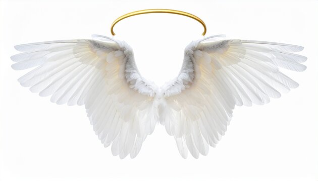 Symmetrical white angel wings with a golden halo floating above, evoking purity, divinity, and celestial grace. - Powered by Adobe