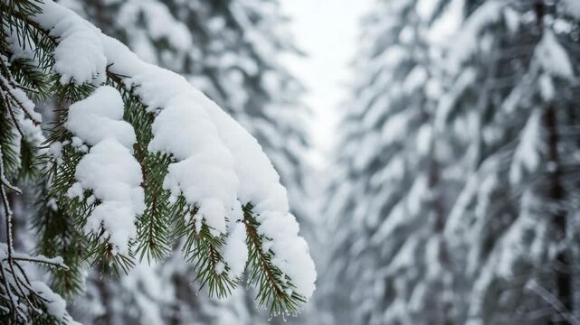 Snowcovered pine branches in a winter forest