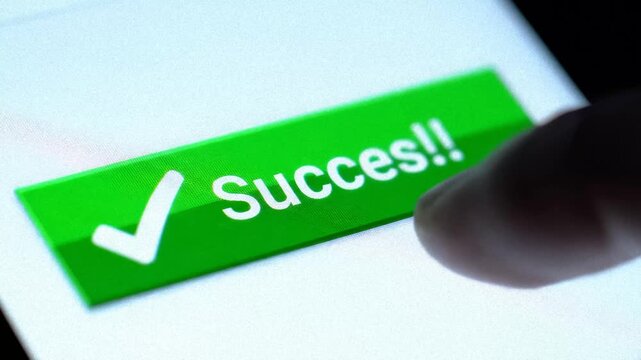 Finger Presses Submit Button on a Smartphone, Then Success Is Displayed