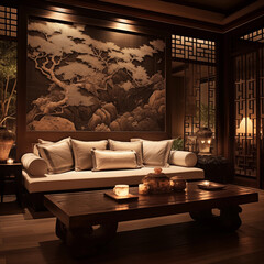 Cozy Japanese-Style Living Room with Traditional Woodwork, Soft Lighting, and Serene Landscape Mural for Relaxation