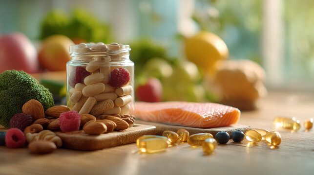 Still life of jar with capsules salmon almonds and various other foods