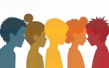 Heads faces colored silhouettes multicultural and multiethnic diversity children in profile. Concept of study education and learning. Kindergarten or elementary school education. Banner. High quality