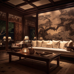 Cozy Japanese-Style Living Room with Traditional Woodwork, Soft Lighting, and Serene Landscape Mural for Relaxation