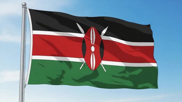 Waving Kenyan Flag Against a Clear Blue Sky.