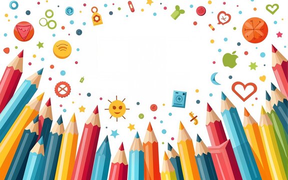 dynamic back to school background with a burst of colorful geometric shapes and symbols representing different academic subjects. Generative Ai. High quality