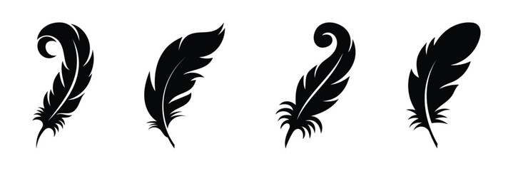 Set of black feather silhouettes. Bird quill pen vector icons collection. Minimalist feather icons for logo design, stationery flat design plume logo elements isolated on white background.