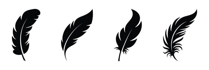 Feather quill icon vector. Set of detailed majestic feather collection. Bird Feather black silhouettes. Plume symbol of lightness. Quill pen for writing, letter, poetry