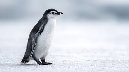 Obraz premium A young penguin standing on a snowy surface looking to the right side