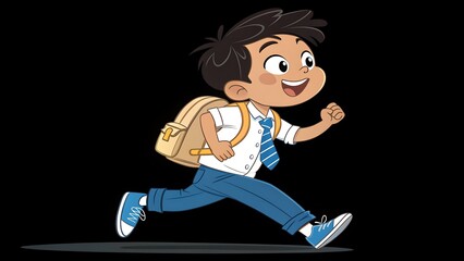 A cheerful young schoolboy with a backpack is running happily to school, full of energy and enthusiasm on a black background, cartoon style
