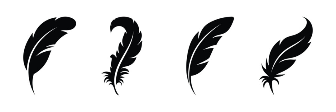 Bird feather icon isolated on a white background. Black abstract feather silhouette collection. Elegance feather element decoration. Vector illustration. EPS 10