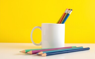 Office cup with pencils and stationery against yellow background. High quality