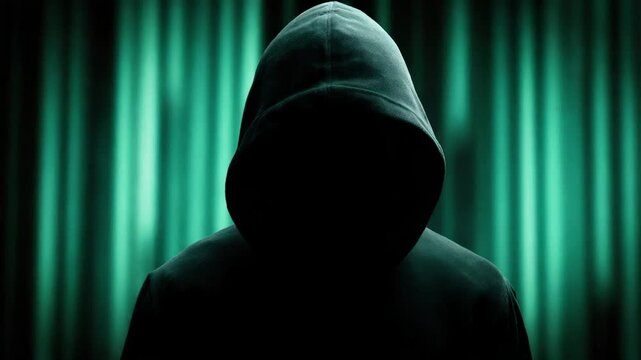 A hooded figure in shadow against a green backdrop. Minimalist, mysterious, and concealing