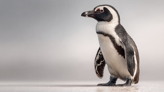 A single african penguin standing on a reflective surface looking leftward