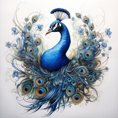 Magnificent Indian Blue Peacock with Ornate Tail Feathers Displayed in a Highly Detailed and Stylized Artistic Vector Illustration on a Crisp White Background.
