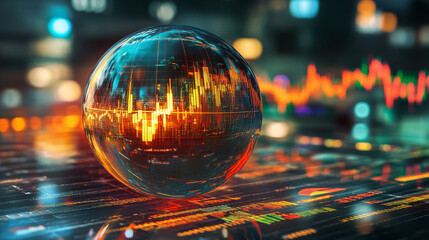A stock chart spiraling into a semi-transparent floating orb, symbolizing financial growth, market dynamics, and futuristic analytics. A modern, abstract visualization ideal for business and tech conc