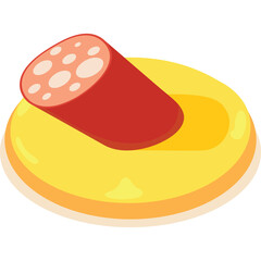 A Slice Of Salami Sausage Resting On A Round Yellow Cheese Slice With A Transparent Background