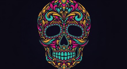 Vibrant, ornate skull art with intricate floral patterns in bright colors against a dark background