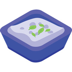 A small square purple bowl filled with light purple dip or sauce garnished with fresh green basil leaves presented on a clean white background with no shadows