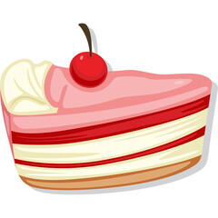 A Slice Of Pink Cake With Red Cherry On Top And White Cream Frosting On A Transparent Background