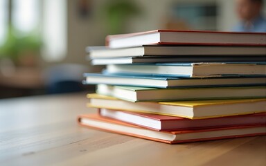 Stack of books and pencils on the wooden table. High quality