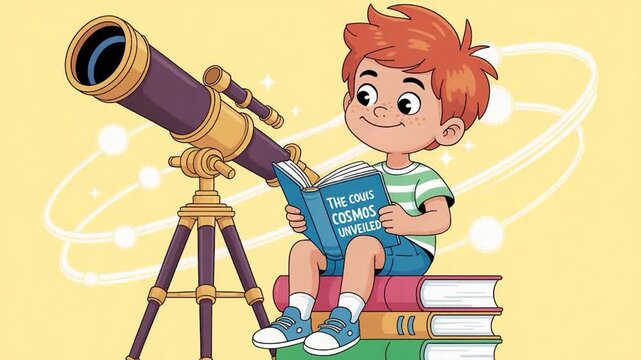 Young Boy Reading a Book About Cosmos with a Telescope and Planets in the Background.