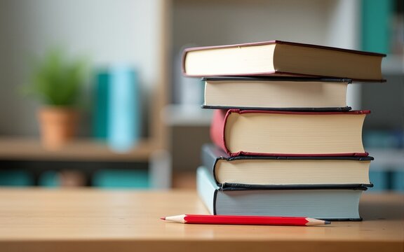Stack of books and pencils on the wooden table. High quality - Powered by Adobe