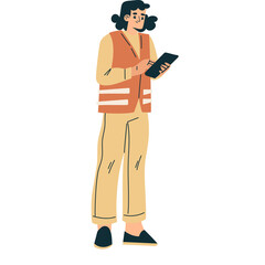 Illustration of a person in a vest and tan pants holding a tablet and writing notes with a transparent background