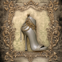 Baroque Fantasy High-Heeled Stiletto Ankle Bootie Framed by Intricate Gold Scrollwork, Embodying Victorian Opulence, Fashion, and Vintage Luxury Style.