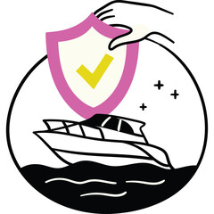 Illustration Of A Motorboat Sailing On Water Under A Pink And Yellow Shield Protected By A Hand With A Check Mark And Sparkles Suggesting Safety and Security Over Transparent Background
