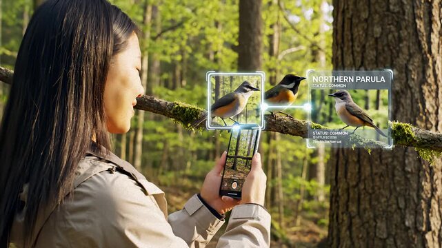 Woman Using Phone App to Identify Bird in Natural Habitat on Tree Branch