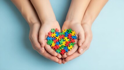 Hands holding colorful puzzle pieces forming a heart shape - Powered by Adobe