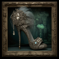 Baroque Fantasy High-Heeled Stiletto Ankle Bootie Framed by Intricate Gold Scrollwork, Embodying Victorian Opulence, Fashion, and Vintage Luxury Style.