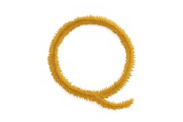 Yellow tinsel garland shaping an alphabet letter q, fluffy ornament for holiday decoration, transparent background