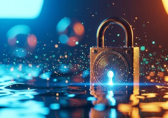 A close up of a padlock with a keyhole that is glowing with blue light and floating particles around it