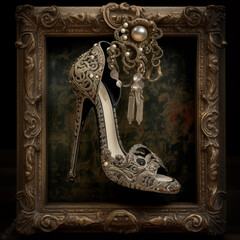 Baroque Fantasy High-Heeled Stiletto Ankle Bootie Framed by Intricate Gold Scrollwork, Embodying Victorian Opulence, Fashion, and Vintage Luxury Style.