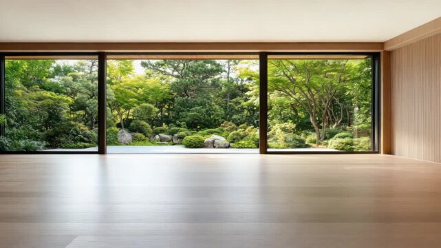 Spacious Interior with Large Windows Framing Serene Garden, Embracing Natures Greenery and Rocks