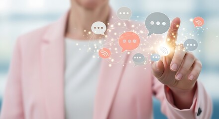 Businesswoman touching a digital interface with glowing chat bubbles and network connections, symbolizing communication and connectivity in the digital age